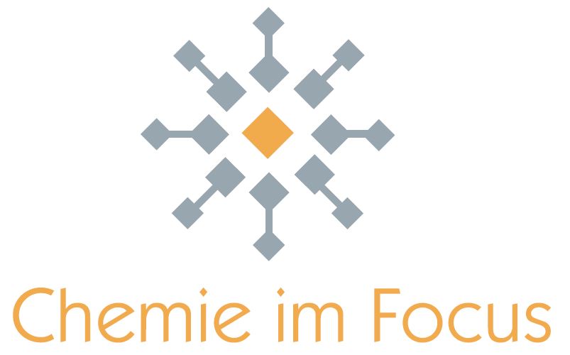 Orange-Graues Logo mit Schriftzug Chemie im Fokus.